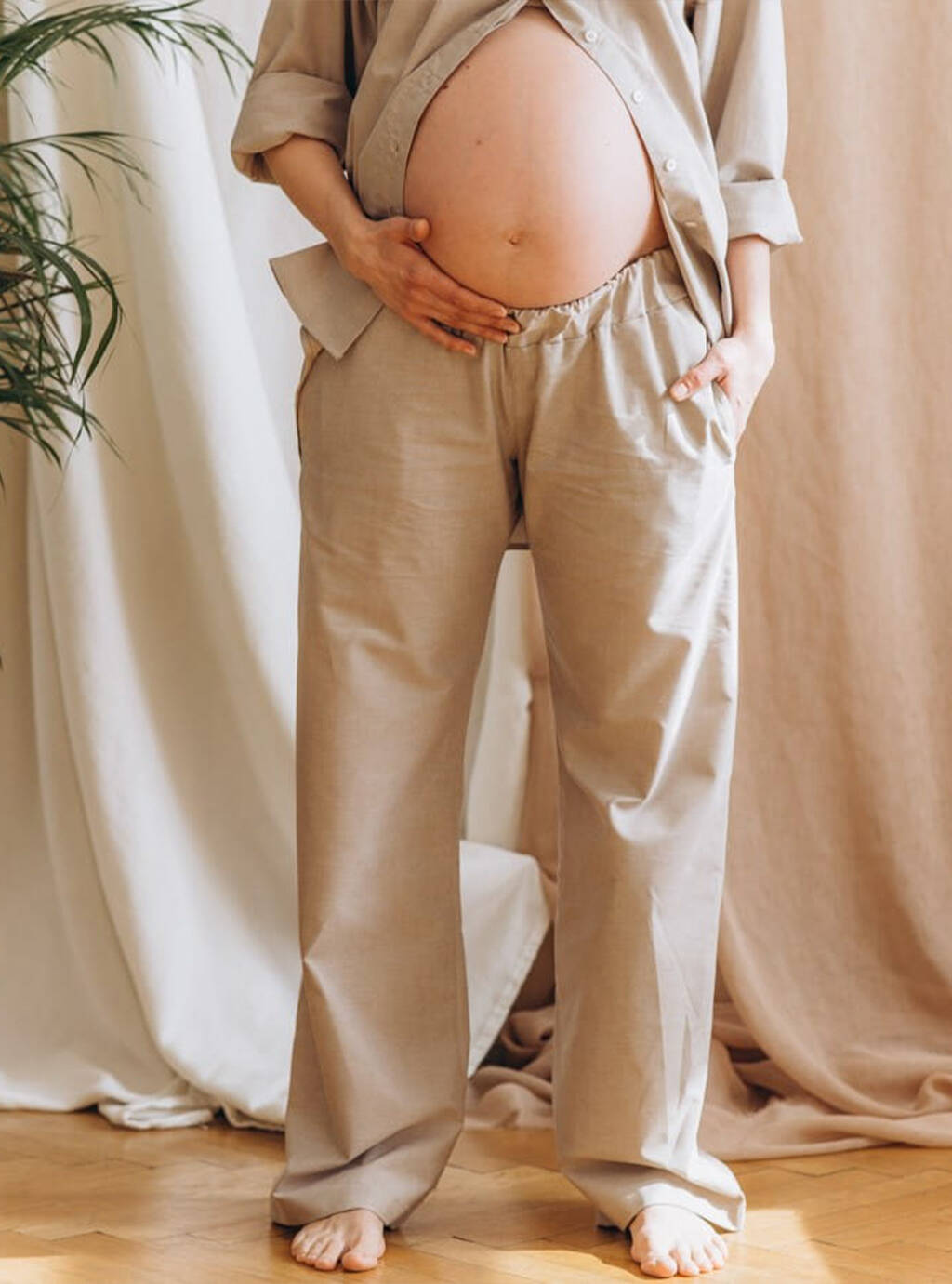 OXFORD těhotenské dlouhé kalhoty - béžové