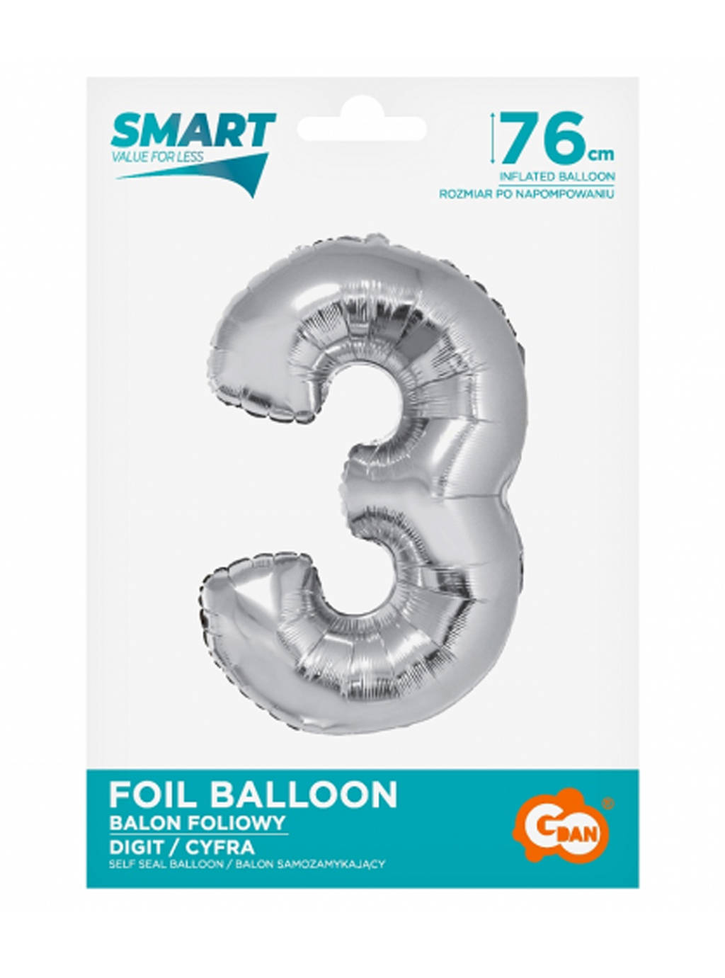 Stříbrný chytrý balónek s číslem "3" -76cm