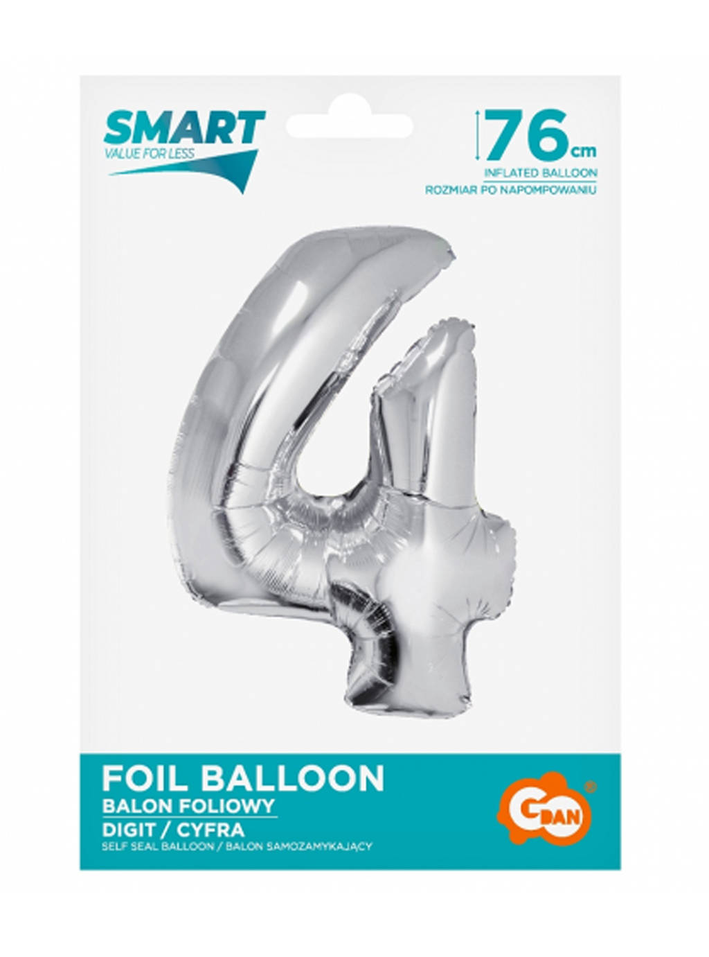 Stříbrný chytrý balónek s číslem "4" -76cm