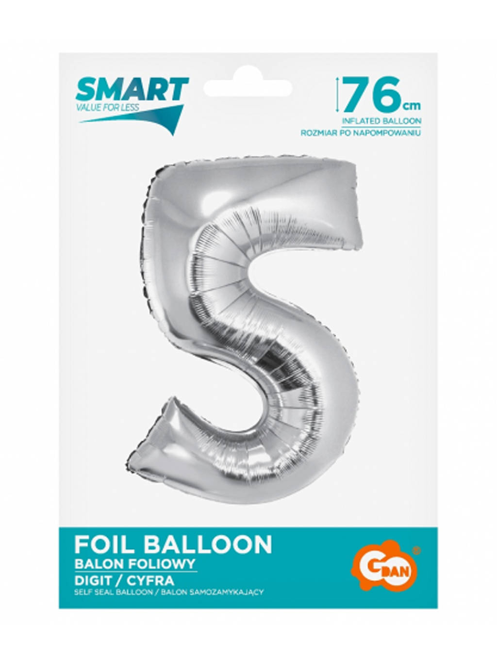 Stříbrný chytrý balónek s číslem "5" -76cm