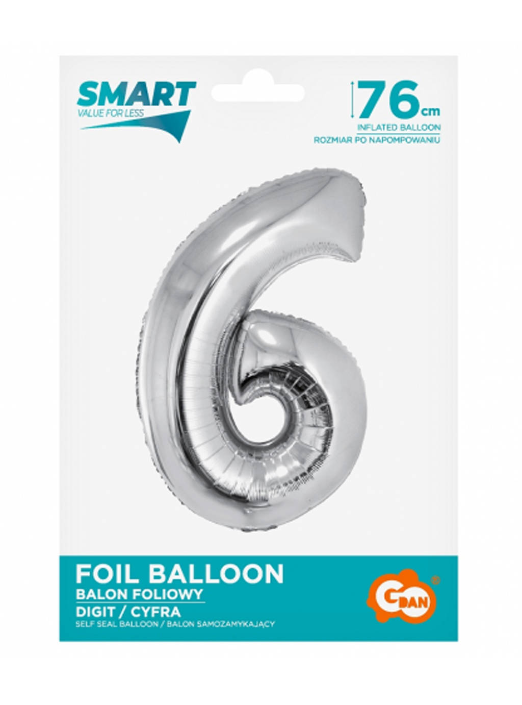 Stříbrný chytrý balónek s číslem "6" -76 cm