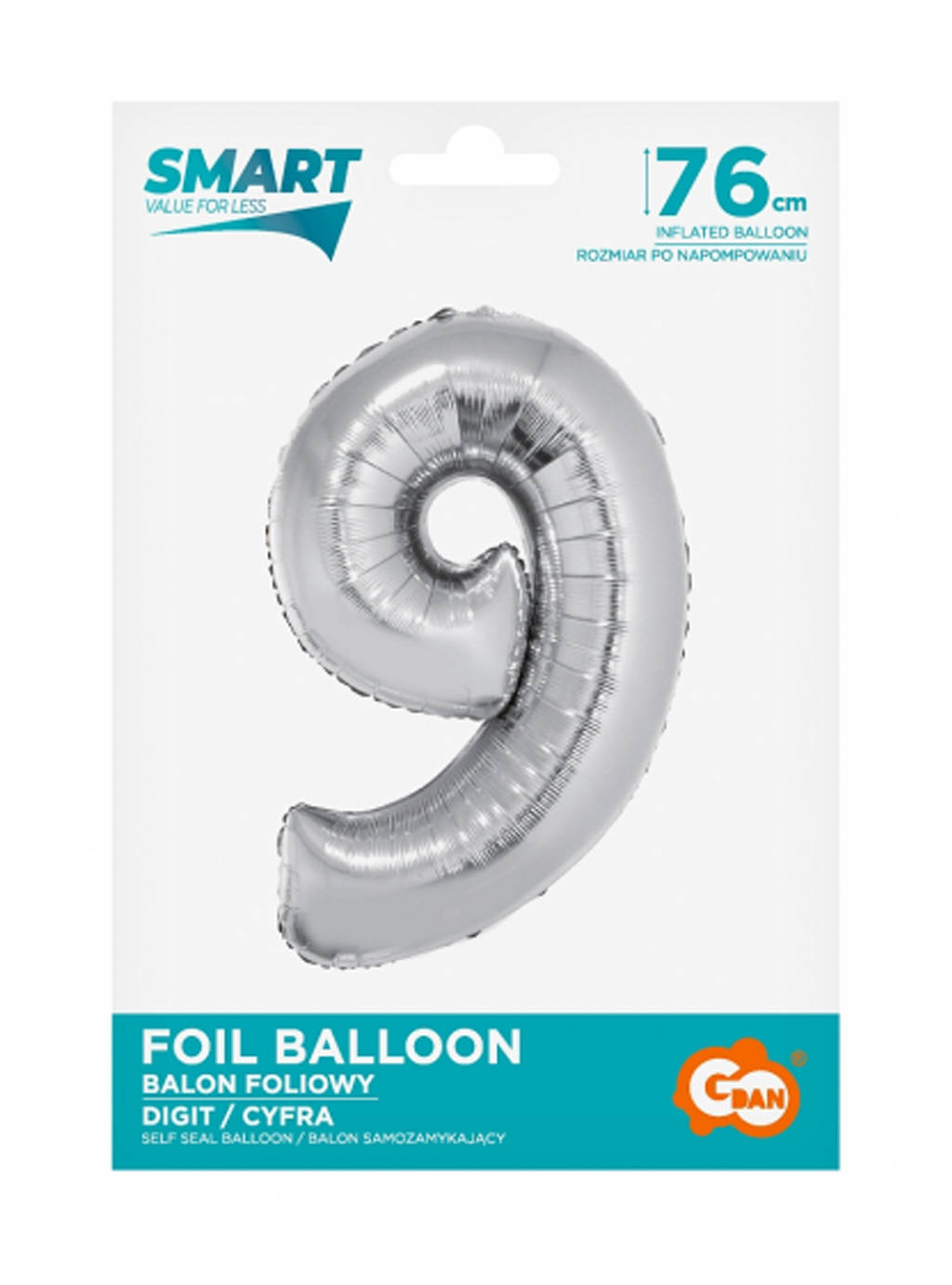 Stříbrný chytrý balónek s číslem "9" -76cm