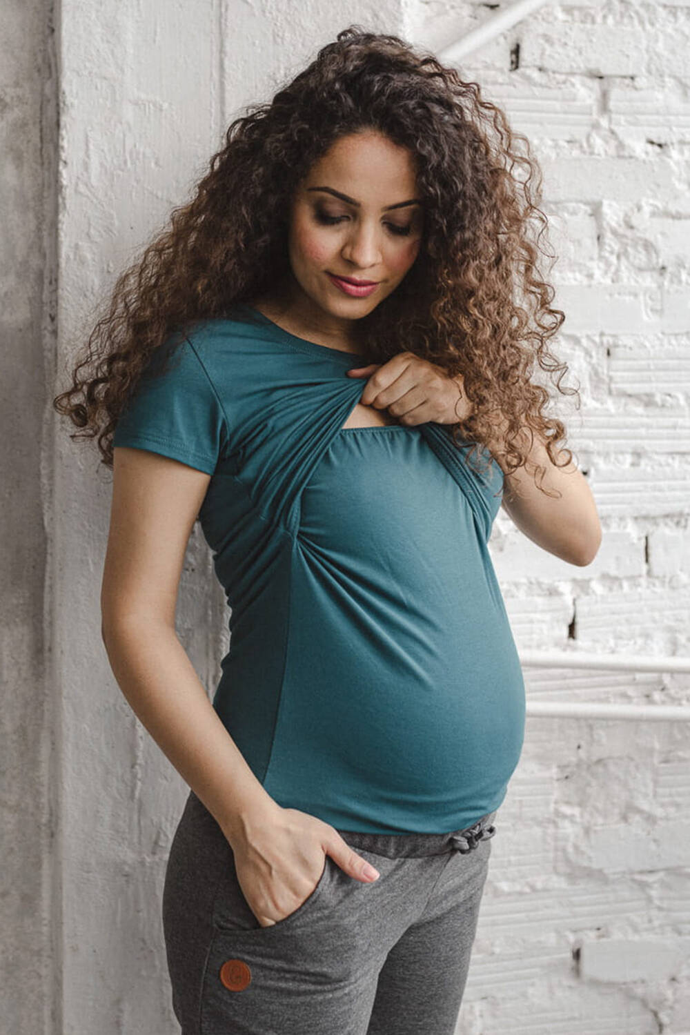 Těhotenská a kojící halenka Milk Shirt s krátkým rukávem, tyrkysová