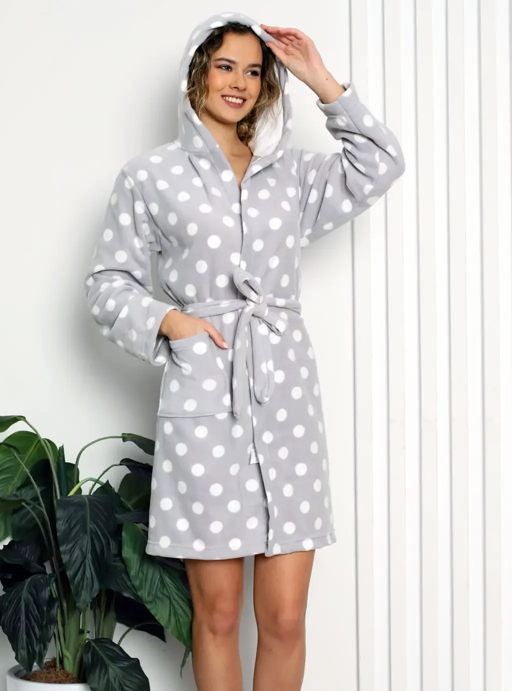 Dámský župan - Šedý s bílými puntíky