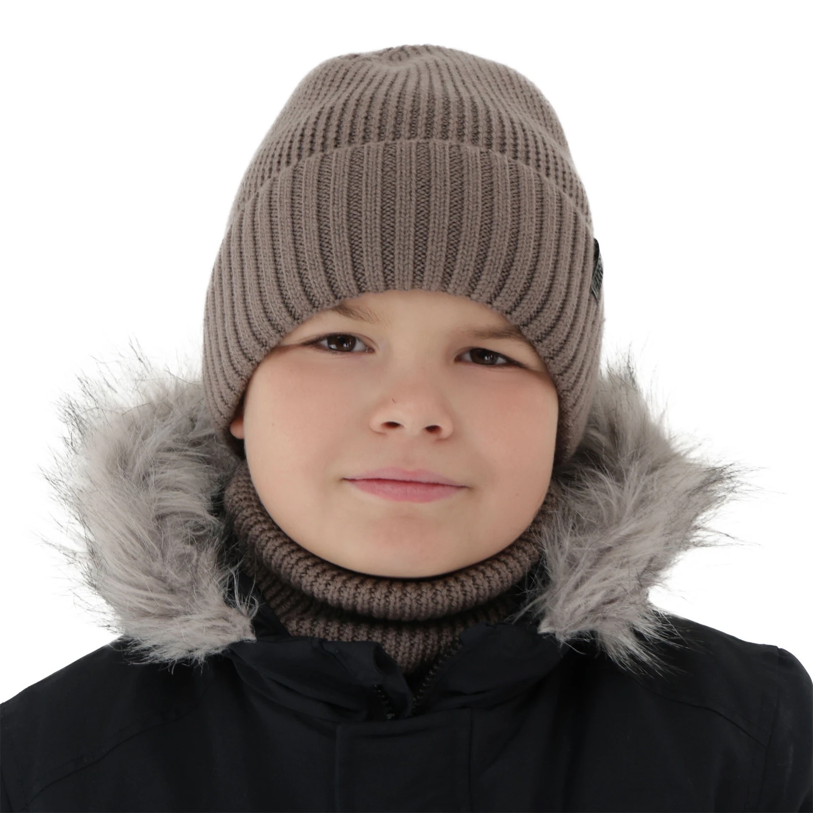 Čepice a tunel pro chlapce, zimní komplet, 100% merino vlněný, s merino vlněným podšitím, hnědý Harbin
