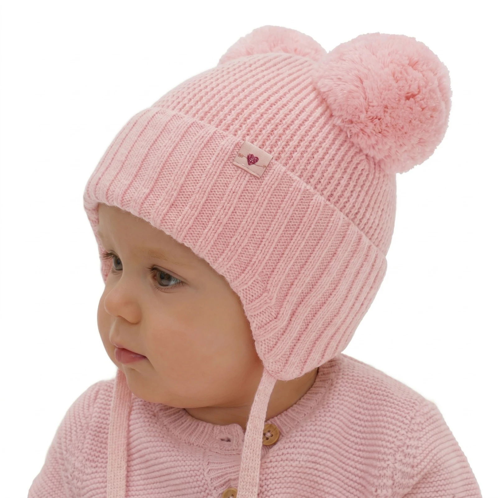 Dívčí zimní čepice, růžová, 100% merino vlněná, podšitá vlněným fleecem, zavazovací, Kiarina