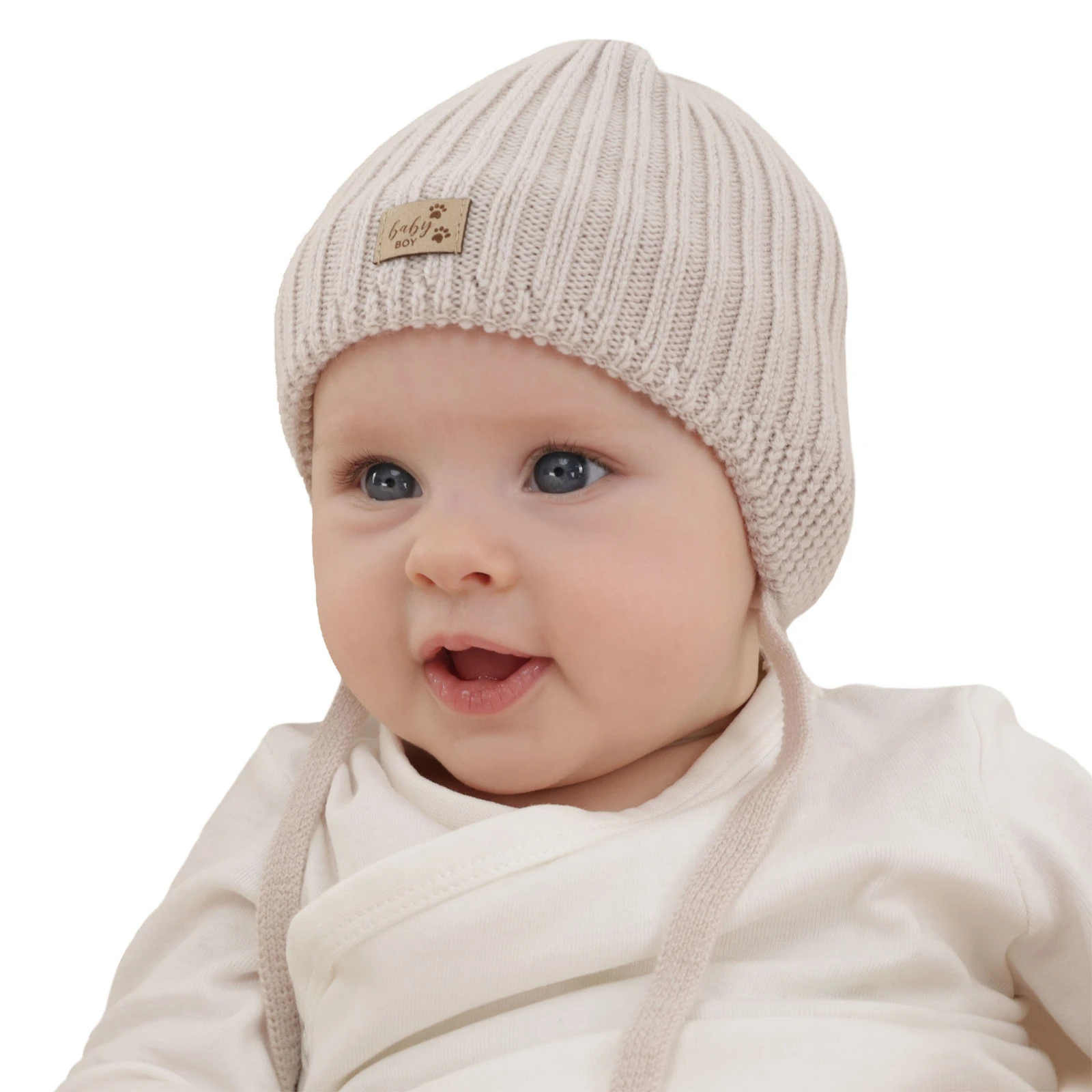 Chlapecká zimní čepice, béžová, zavazovací, 100% merino vlněná, podšitá polárním merino rounem, Buno
