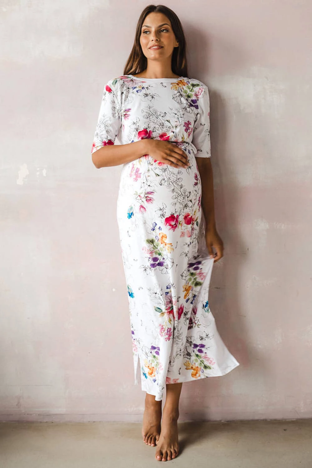 Two Ways LONG těhotenské a kojící šaty, bílé s barevnými květy