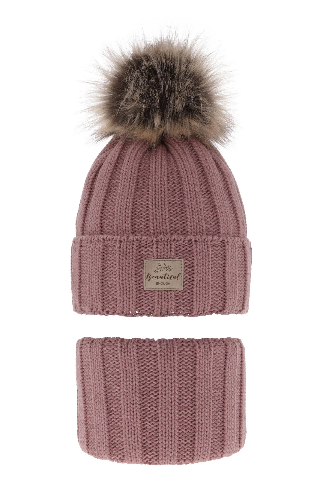 Komplet zimní dívčí: čepice a tunel růžový s bambulí Kaliope