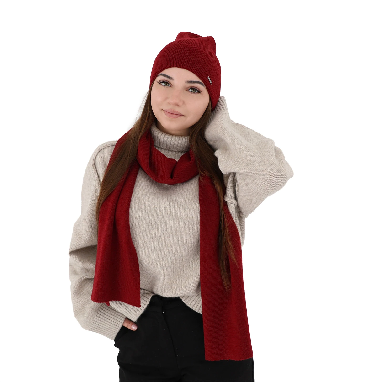 Dámský jarní/zimní set: čepice a šála růžový 100% extra fine merino vlna Melpomena