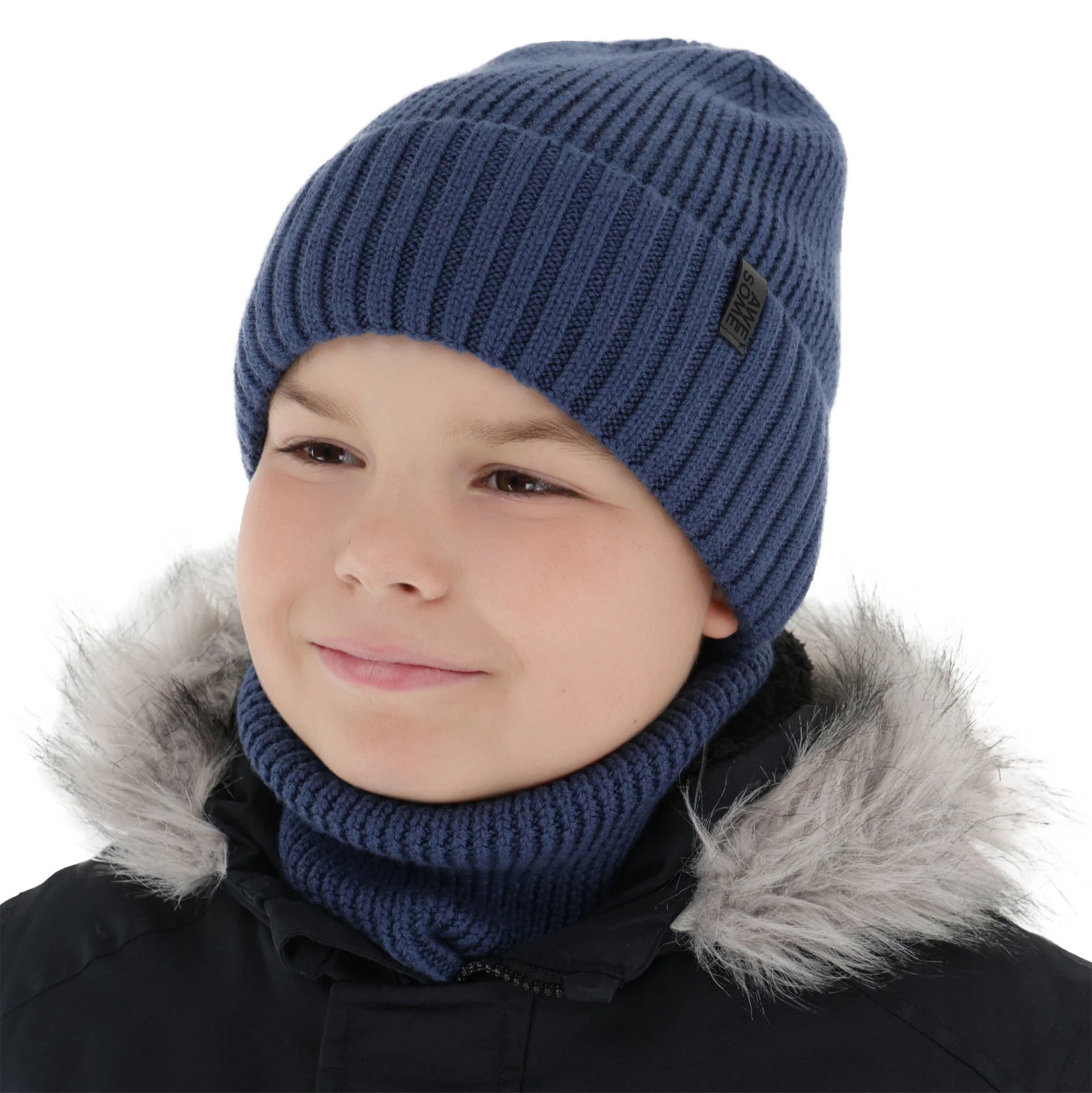 Čepice a tunel pro chlapce, zimní komplet, 100% merino vlněná, s podšitím z merino vlny, modrý Harbin