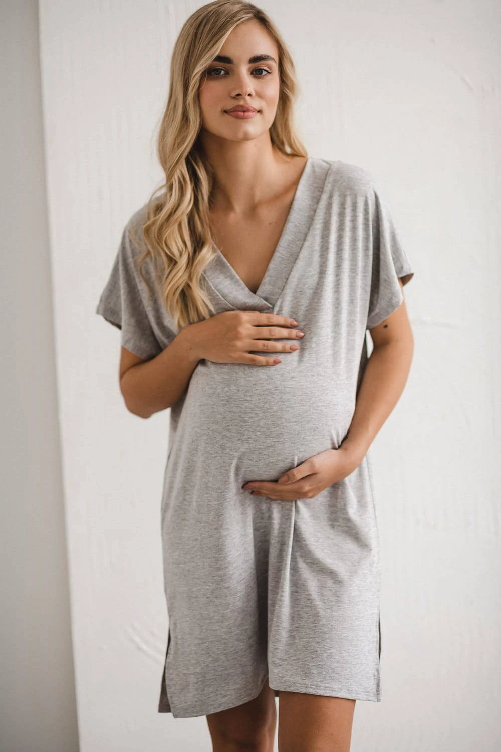 Bambusová těhotná a kojící noční košile KR Moon, světle šedá melanž