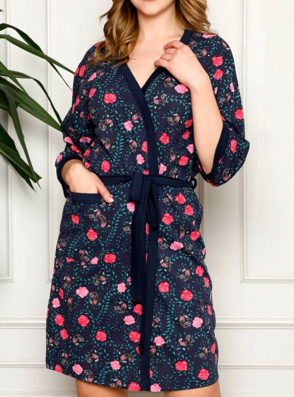 Dámský župan - Roses navy blue