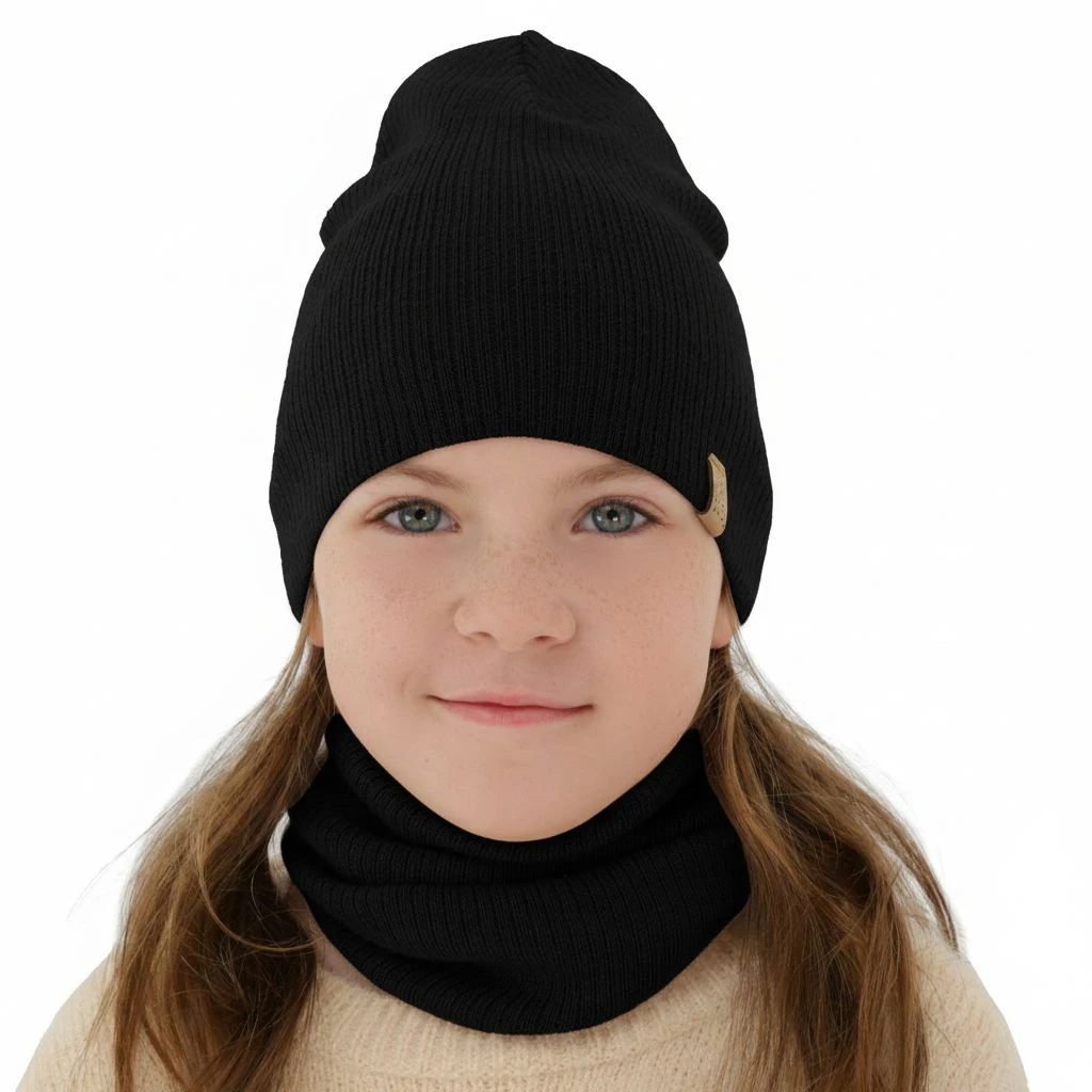 Komplet jesenný/jarný dievčenský čiapka a tunel černý 100% extrafine merino vlna Ricona