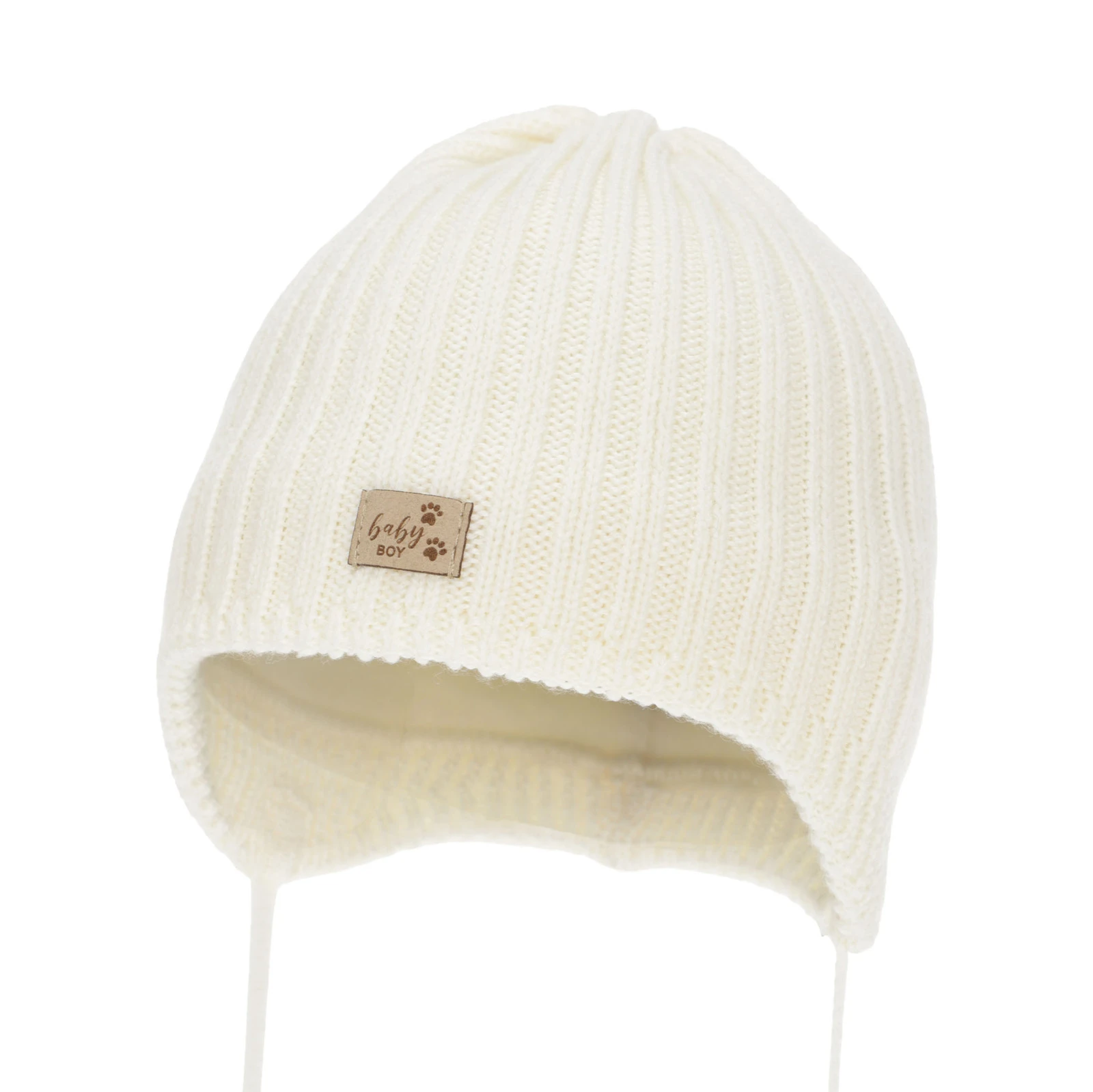 Chlapecká zimní čepice, bílá, zavazovací, 100% merino vlněná, podšitá polarem merino, Buno