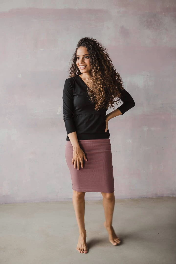 Růžově hnědá žebrovaná těhotenská sukně na bříško