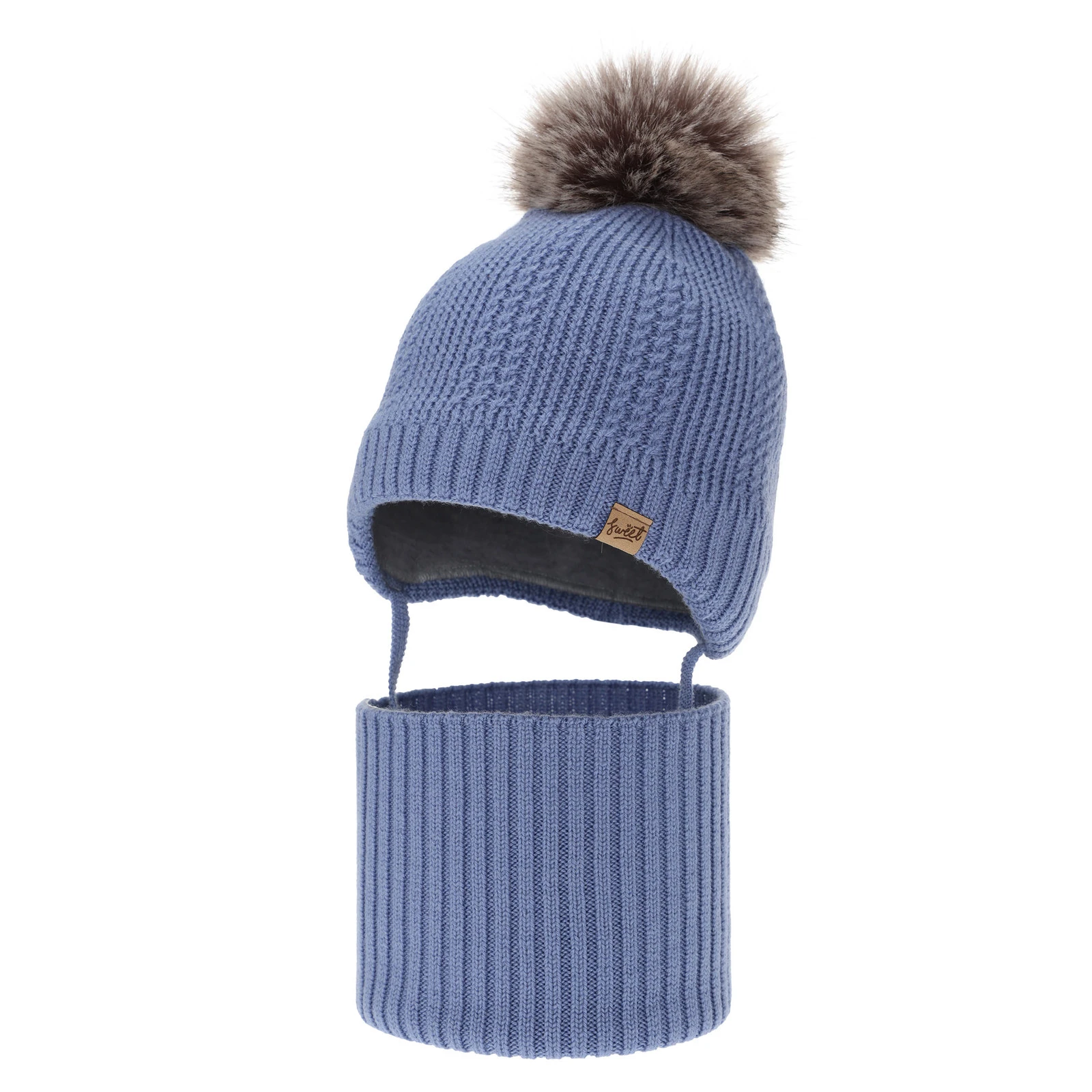 Chlapecká čepice a nákrčník, zimní set, modrý, 100% merino vlna, podšitý vlněným polarem, na zavazování Danny