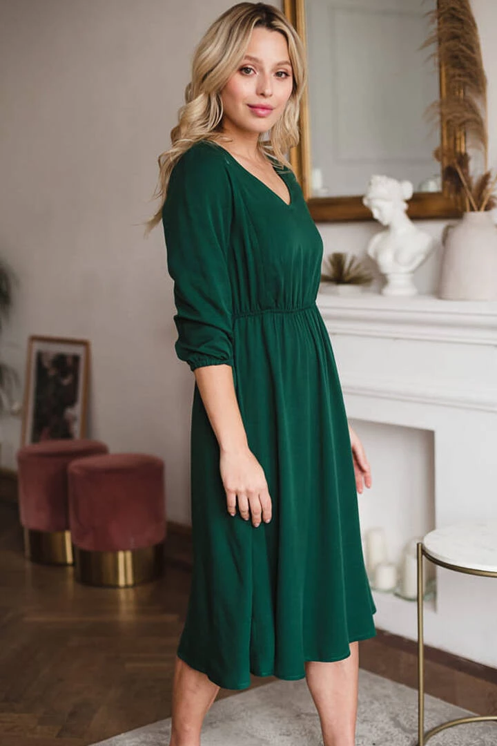 Lovely Dress Midi těhotenské a kojící šaty, 3/4 rukáv, lahvově zelená