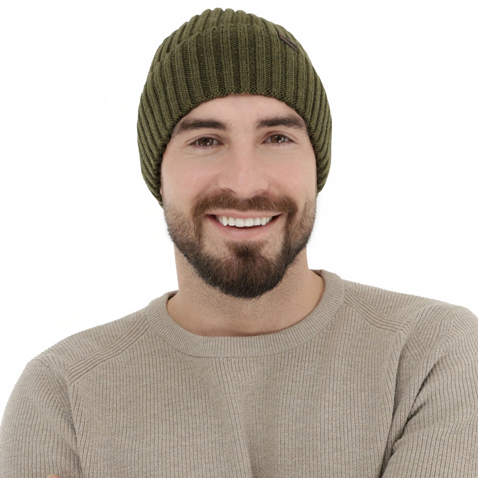 Pánská zimní čepice, khaki, 100% merino vlněná, Brevin