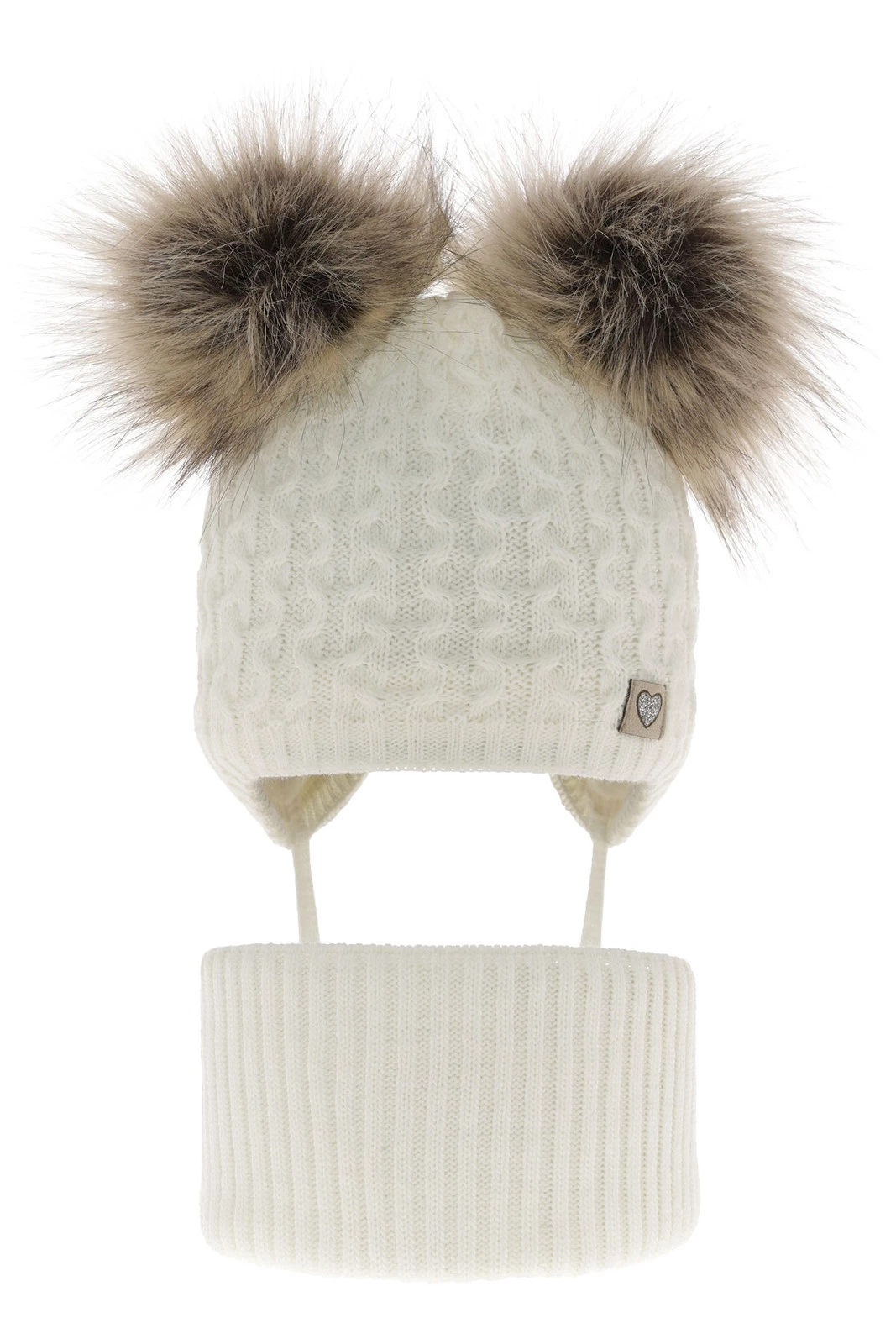 Komplet zimné dievčenské: čiapka a tunel krémový s dvoma bambuľami Poliana