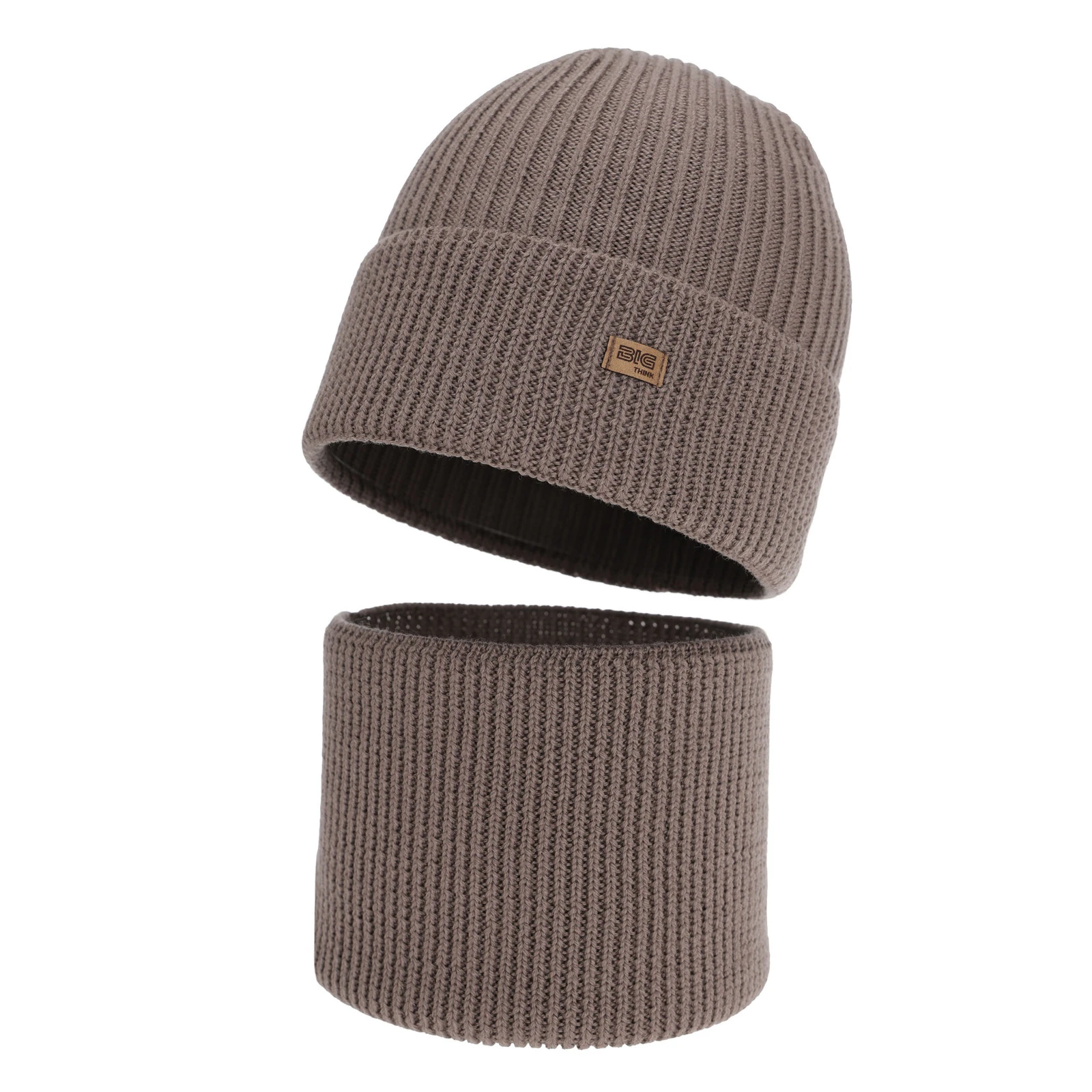 Čepice a tunel chlapecký, zimní komplet, 100% merino vlněný, tmavě béžový Loen
