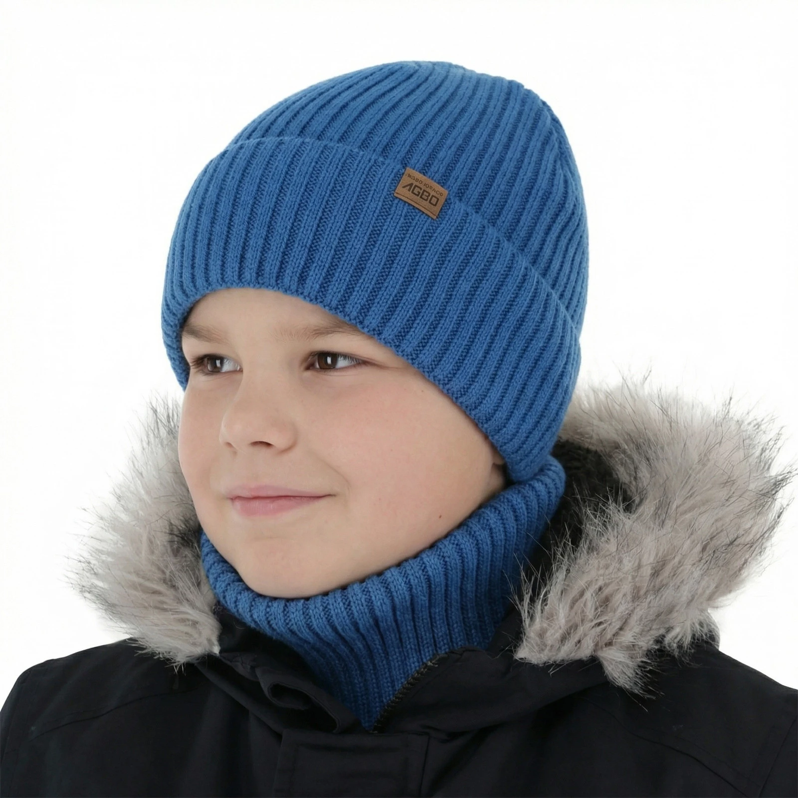 Komplet zimní chlapecký: čepice a tunel, modrý, 100% merino vlněná, s merino vlnou, Domin