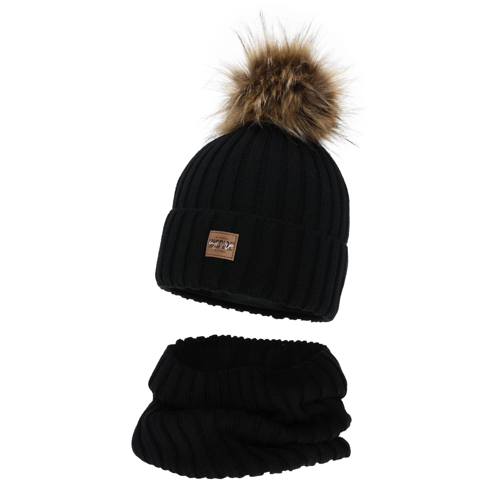 Komplet zimní dívčí: čepice a tunel, černý, podšitý fleecem, s merino vlnou, Bellina