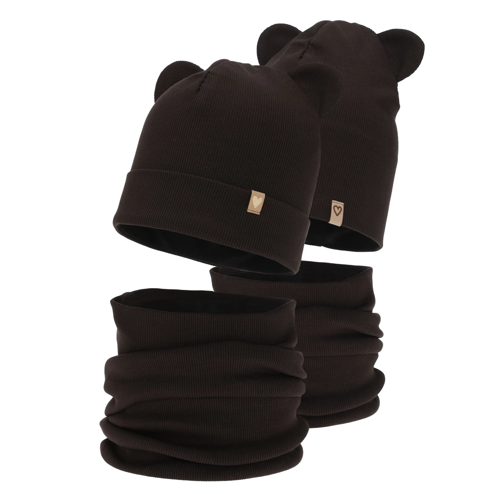 Komplet podzimní, jarní dívčí: čepice a tunel, bavlněný, tmavě hnědý, Luminia