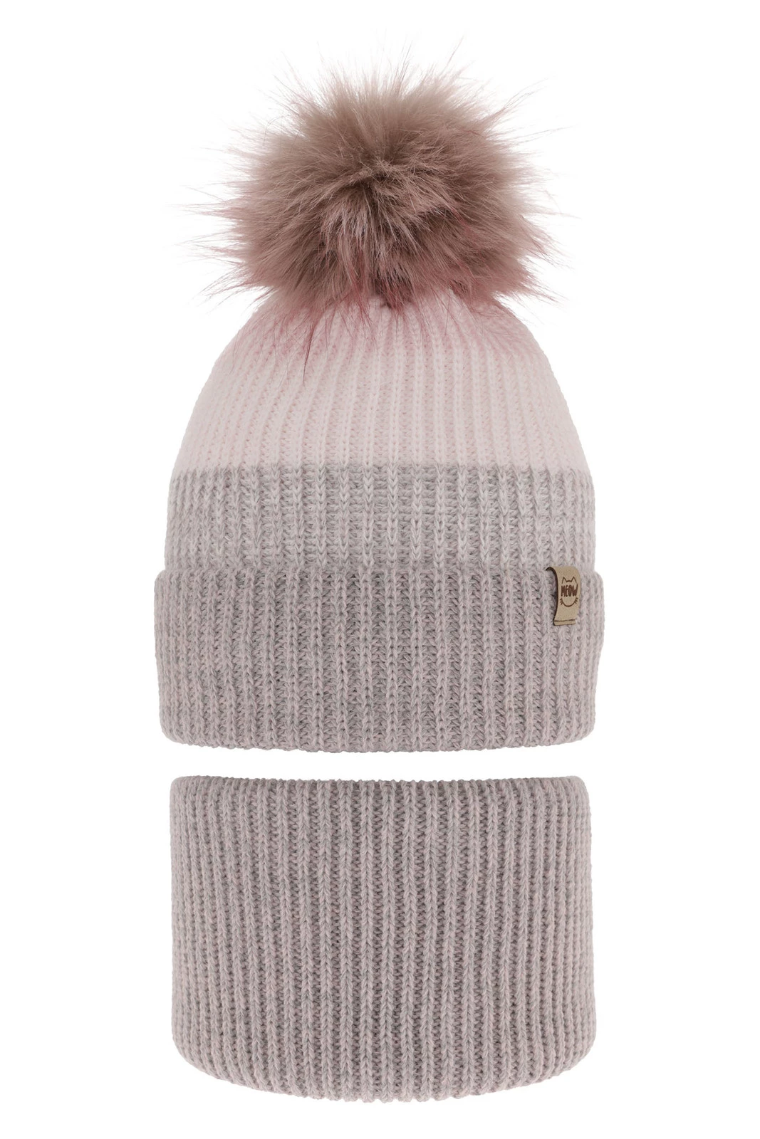 Komplet zimní dívčí: čepice a tunel šedý bambulí Gimena