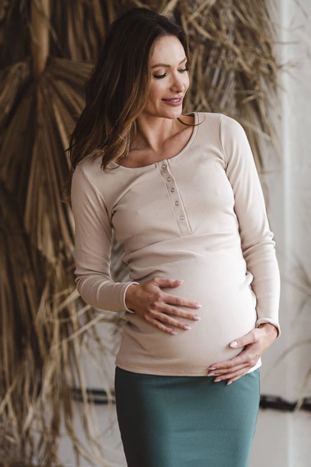 Béžová béžová pletená těhotenská a kojící halenka