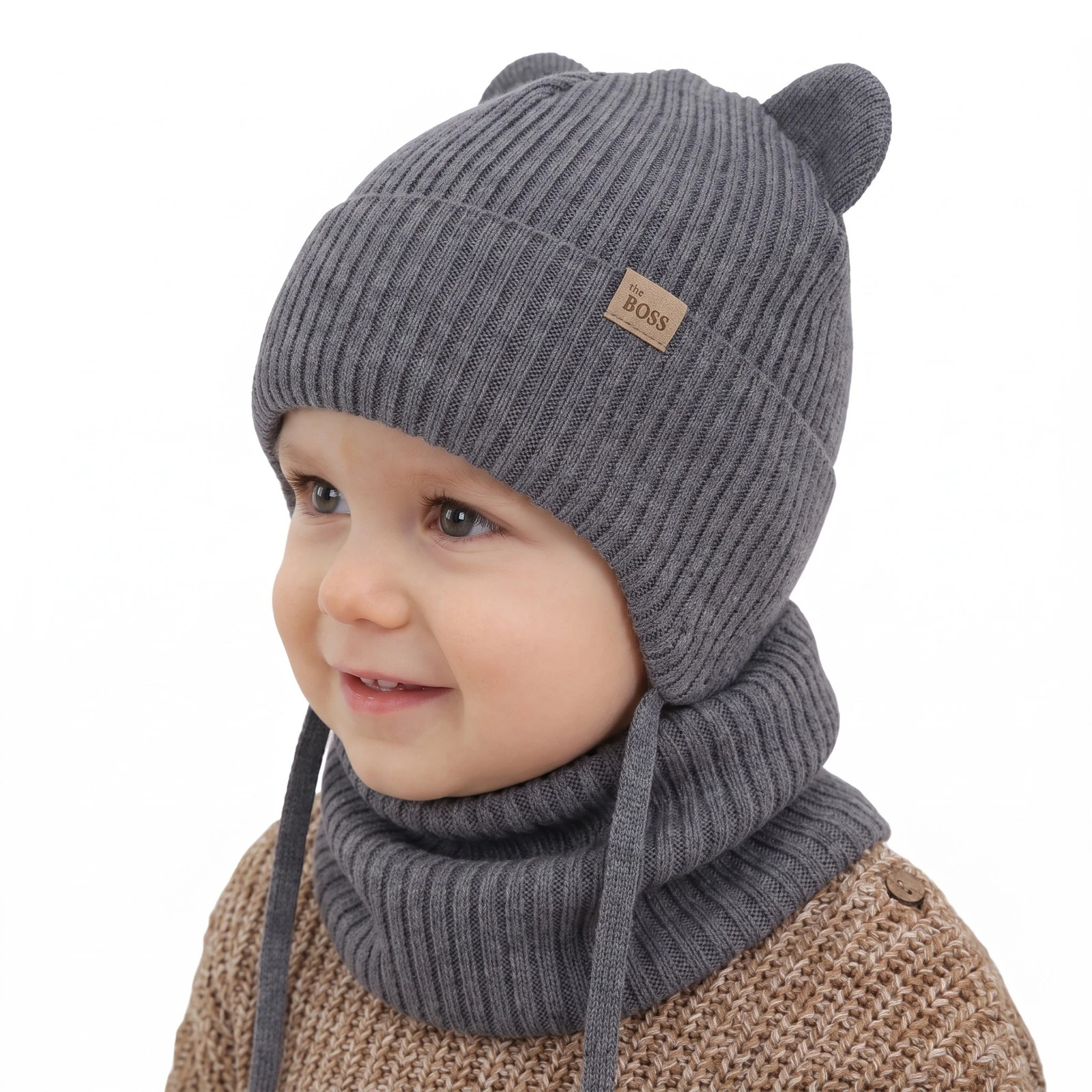 Komplet zimní chlapecký: čepice a tunel, šedý, 100% merino vlněný, podšitý bavlnou, Flurix