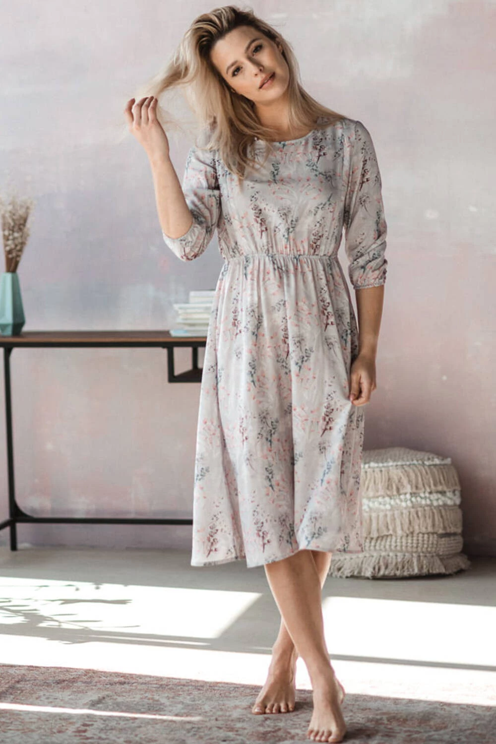 Lovely Dress těhotenské a kojící šaty, 3/4 rukáv, šedé s květinami