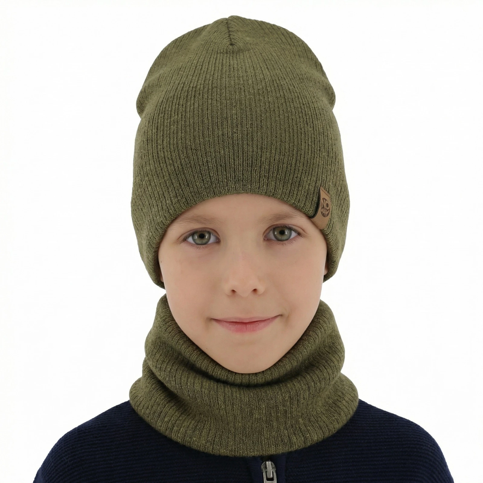 Komplet podzimní/jarní chlapecký: čepice a tunel khaki 100% extrafine merino vlna Richi