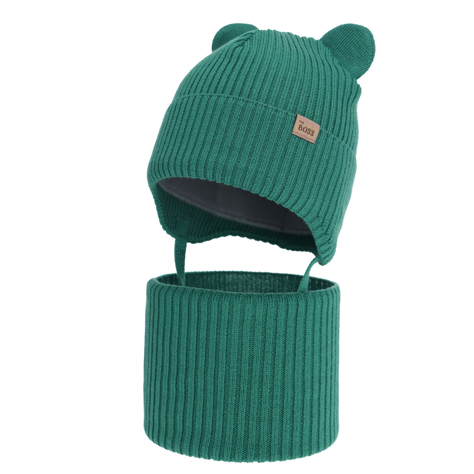 Komplet zimní chlapecký: čepice a tunel, smaragdový, 100% merino vlněný, podšitý bavlnou, Flurix