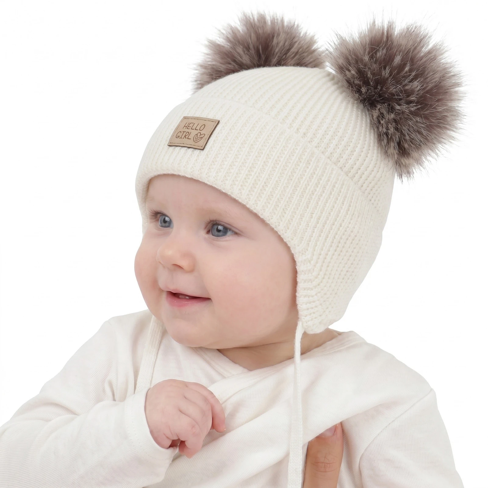Dívčí zimní čepice, krémová, 100% merino vlněná, podšitá vlněným fleecem, zavazovací, Trudina