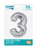 Stříbrný chytrý balónek s číslem "3" -76cm