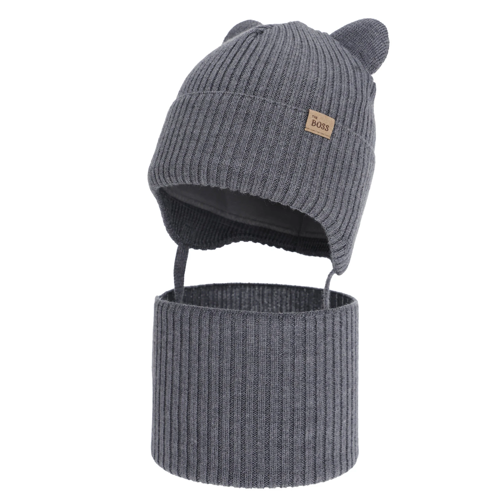 Komplet zimní chlapecký: čepice a tunel, šedý, 100% merino vlněný, podšitý bavlnou, Flurix
