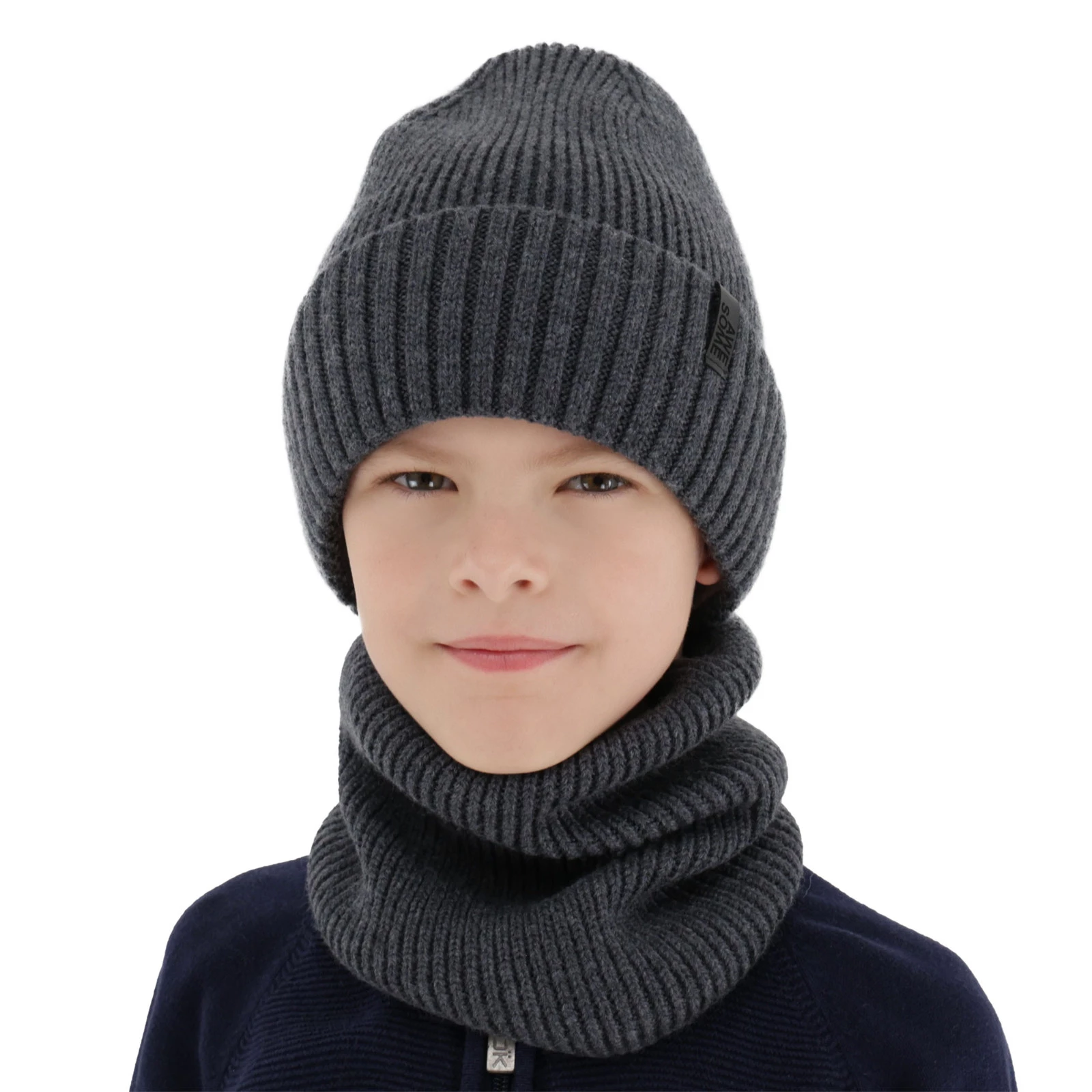 Čepice a tunel pro chlapce, zimní komplet, 100% merino vlněný, s podšitím z merino vlny, šedý Harbin