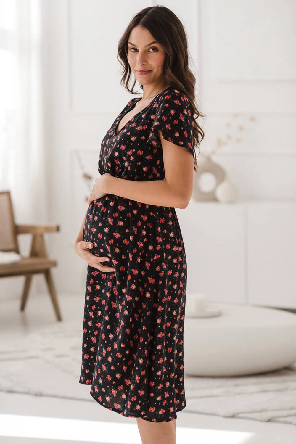 Krásné těhotenské a kojící šaty Midi, krátké rukávy, tmavě modré s růží