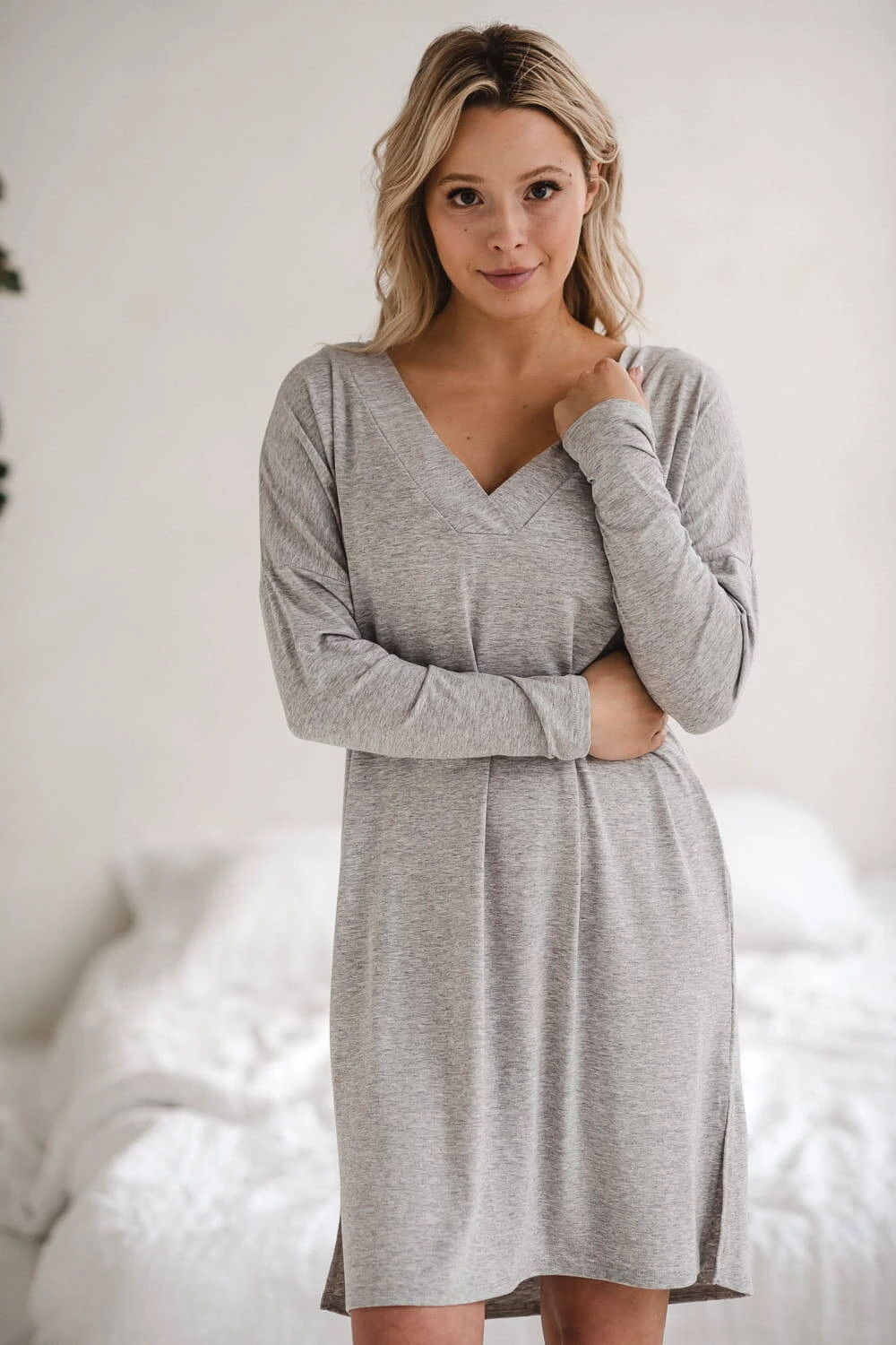 Bambusová mateřská a kojící noční košile s dlouhým rukávem, Moon světle šedá