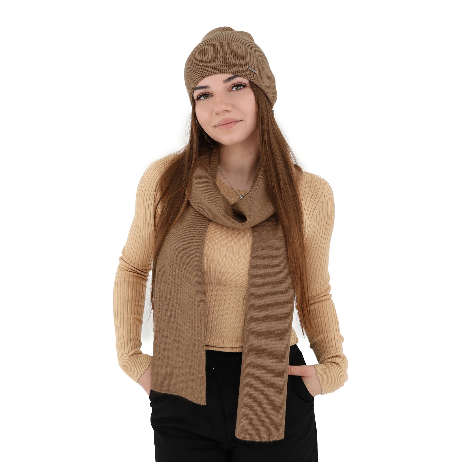 Dámský jarní/zimní set: čepice a šála camel 100% extra fine merino vlna Melpomena