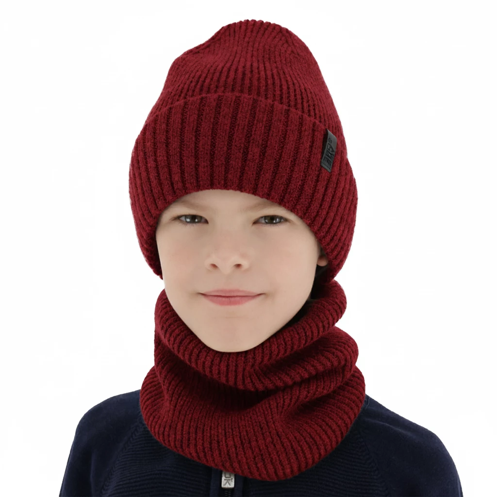 Čepice a tunel pro chlapce, zimní komplet, 100% merino vlněný, s merino vlněným podšitím, bordový Harbin