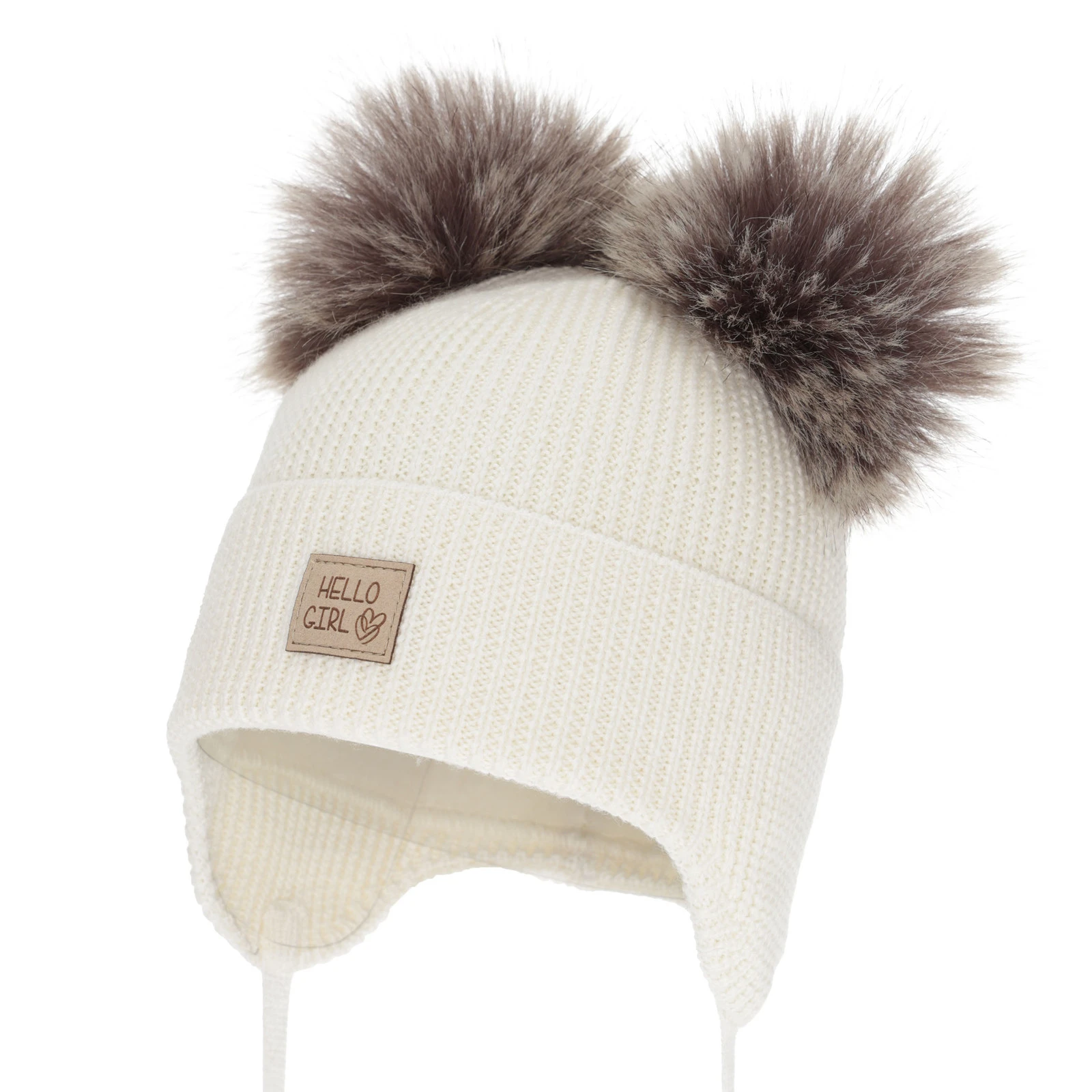 Dívčí zimní čepice, krémová, 100% merino vlněná, podšitá vlněným fleecem, zavazovací, Trudina