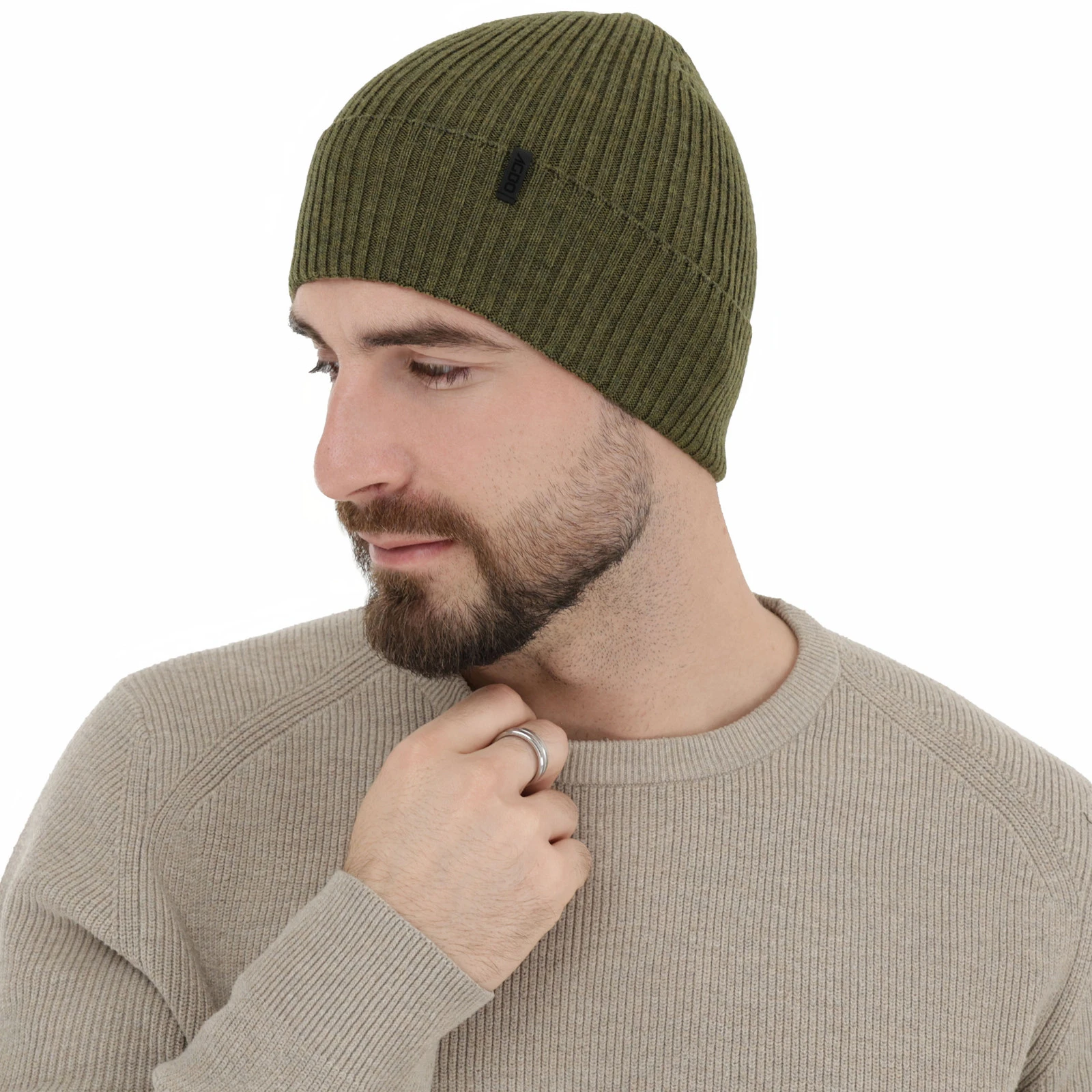 Pánská zimní čepice, khaki, 100% merino vlněná, Thorin