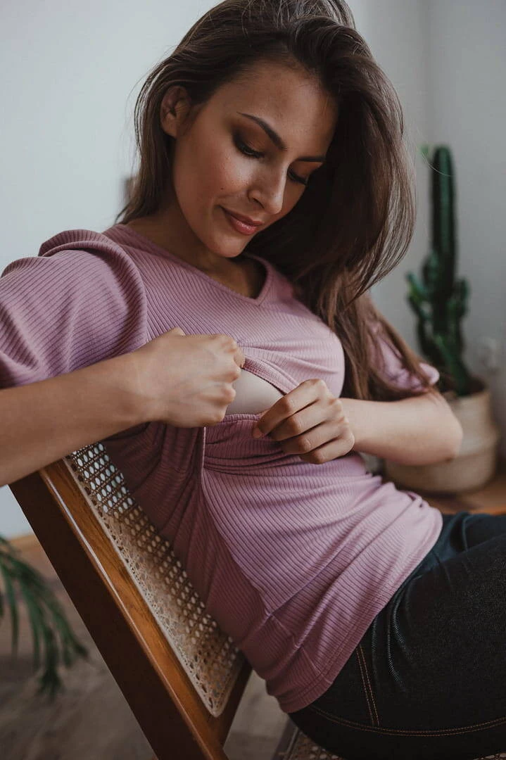 Žebrovaná těhotenská a kojící halenka Milky Puff, špinavě růžová