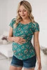 Těhotenská a kojící halenka Milk Shirt, krátký rukáv, zelená s květinami