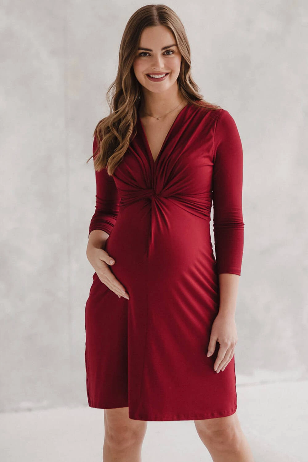 Smyčkové těhotenské a kojící šaty, 7/8 rukáv, vínová