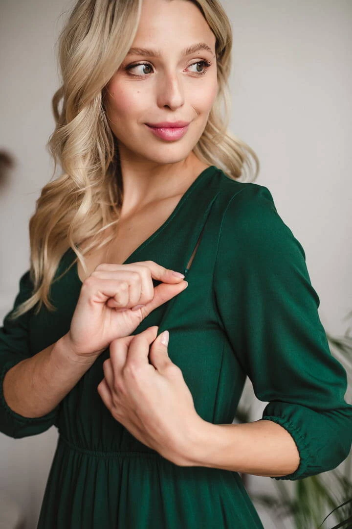 Lovely Dress Midi těhotenské a kojící šaty, 3/4 rukáv, lahvově zelená