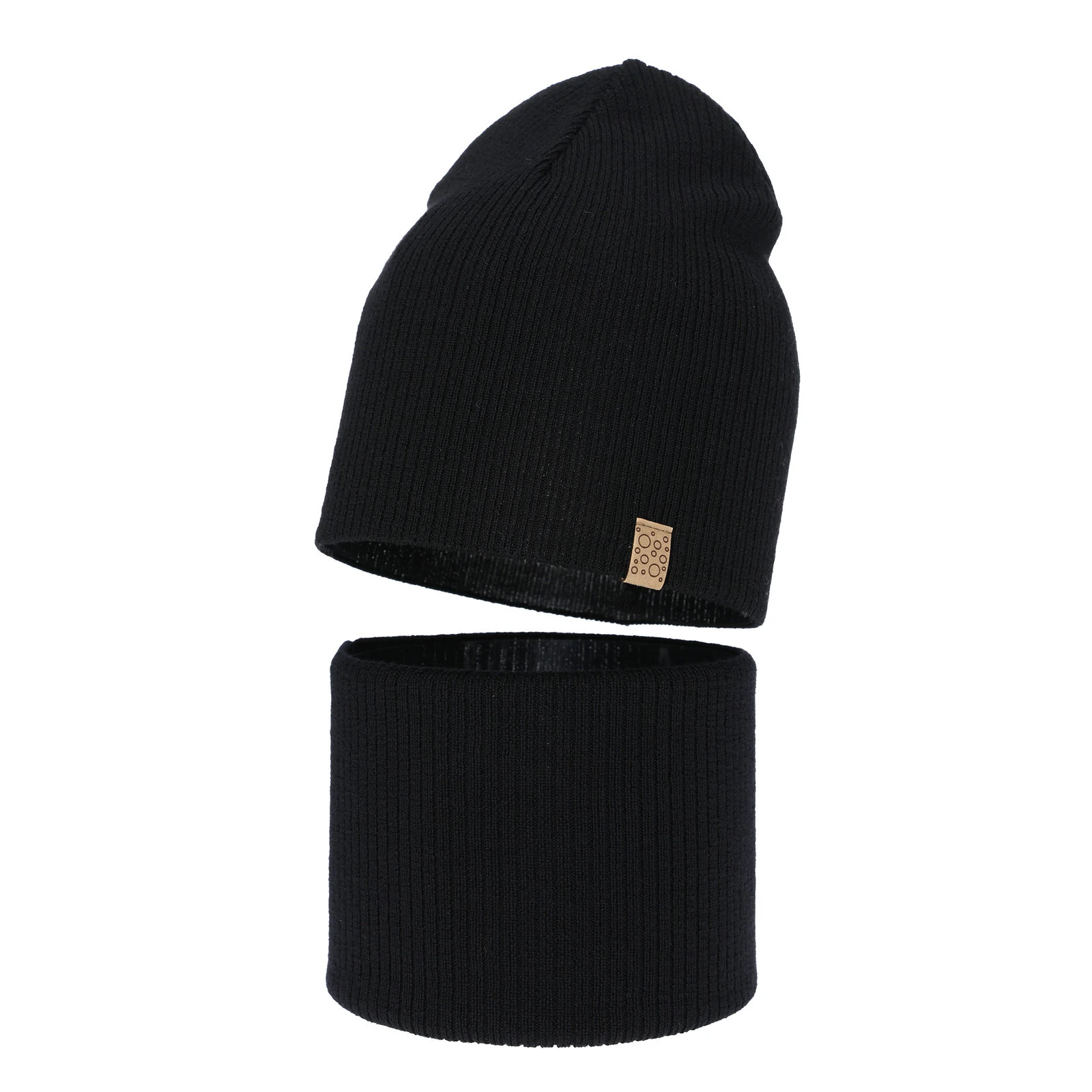 Komplet jesenný/jarný dievčenský čiapka a tunel černý 100% extrafine merino vlna Ricona
