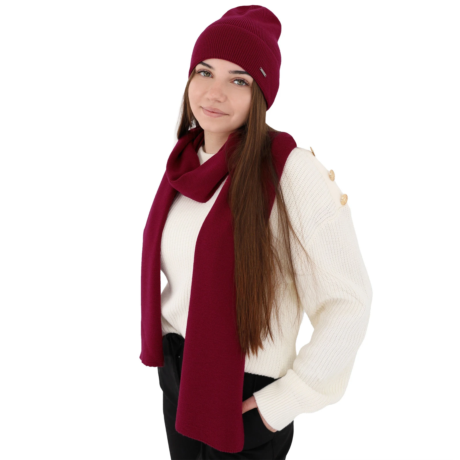 Dámský jarní/zimní set: čepice a šála bordó 100% extra fine merino vlna Melpomena